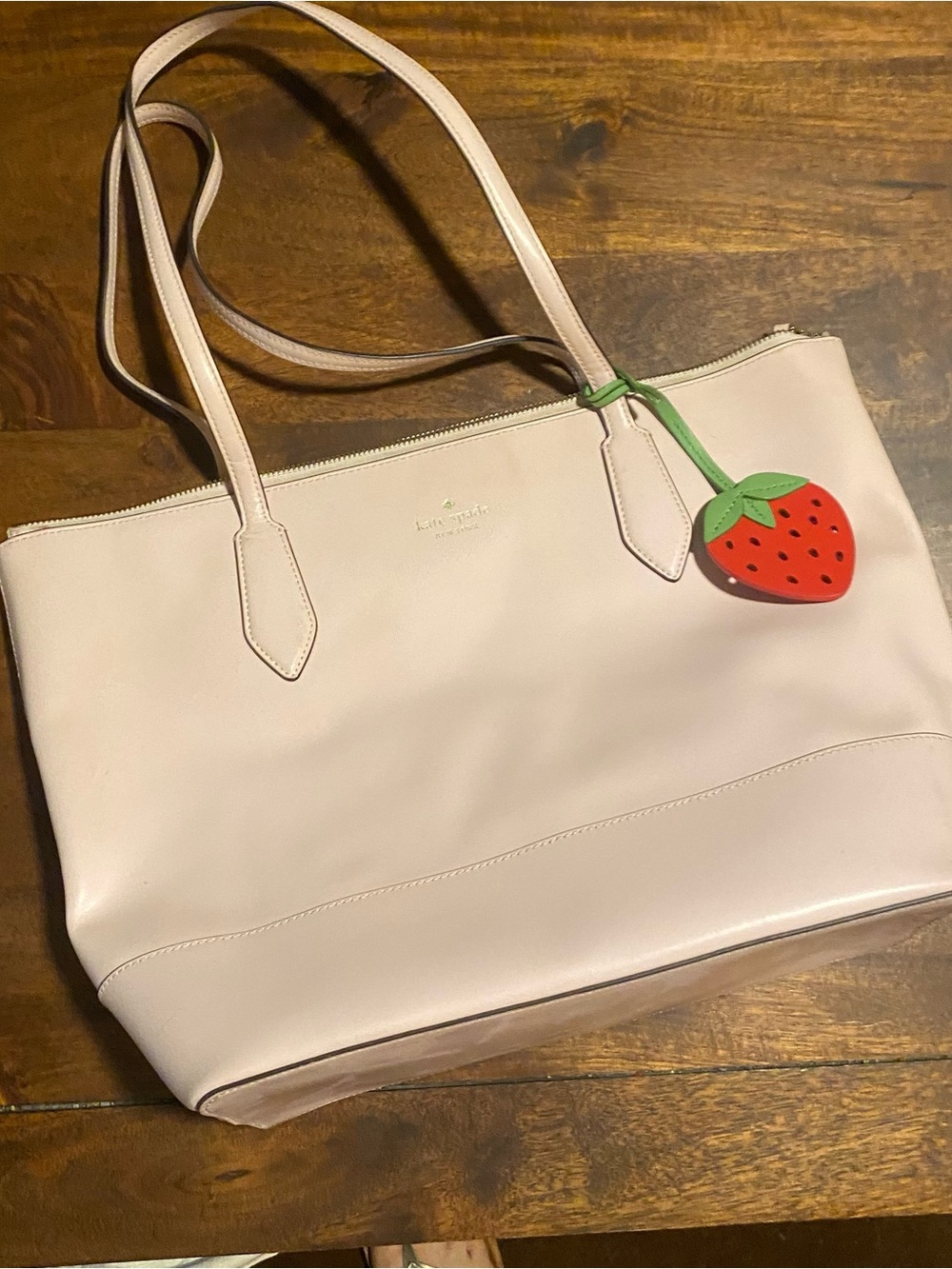 kate spade pale pink leather tote with strawberry charm